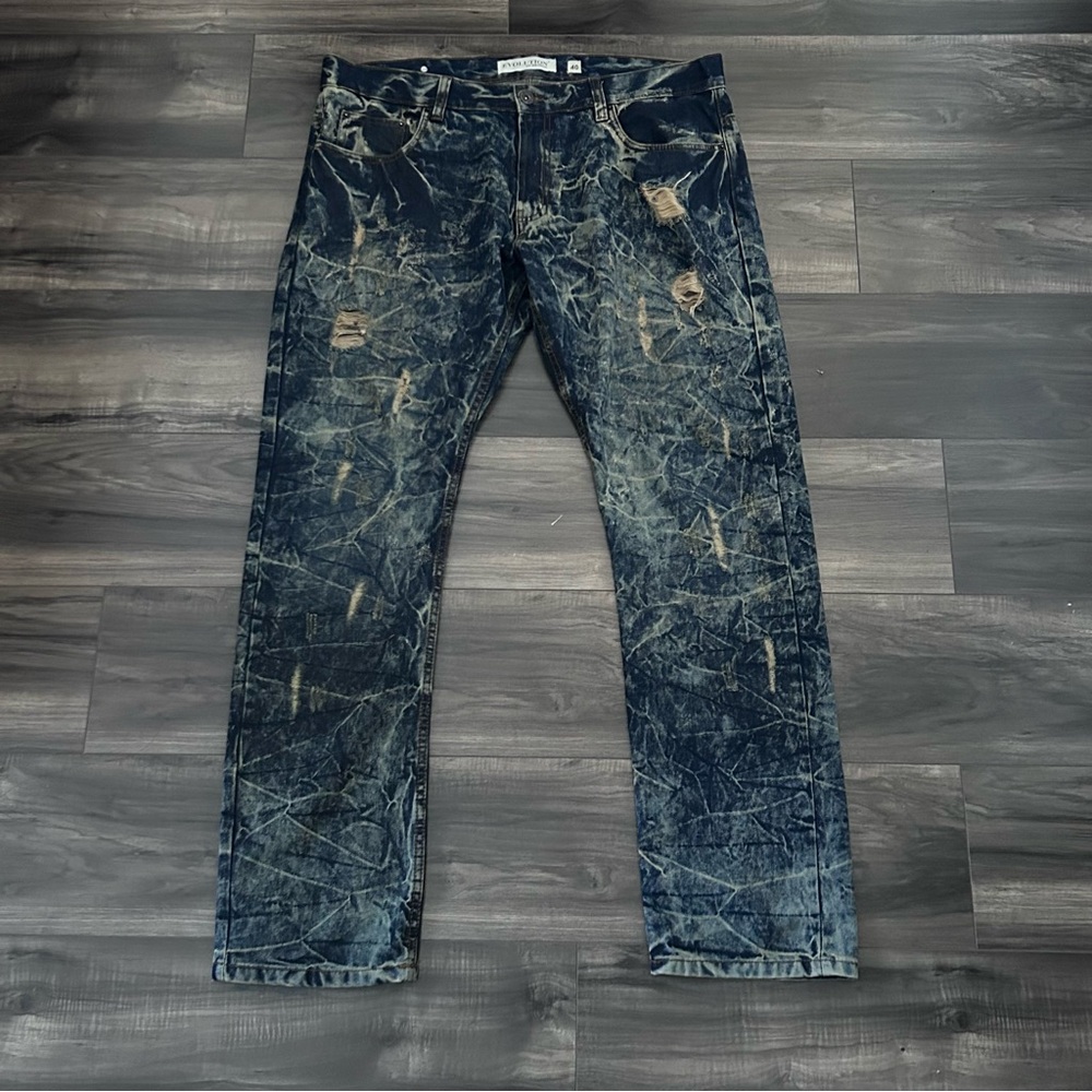 Evolution In Design Men’s Size 40x34 Dark Acid Wash Faded Ripped Jeans Blue